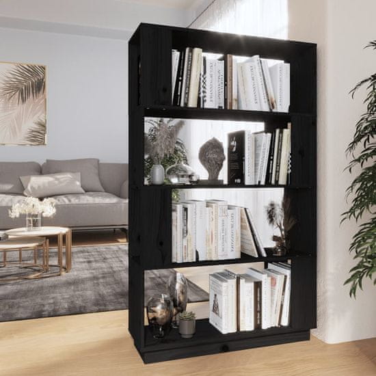 Vidaxl Knjižna omara/pregrada črna 80x25x132 cm trdna borovina