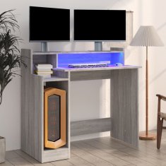 Vidaxl Pisalna miza z LED lučmi siva sonoma 97x45x90 cm konst. les
