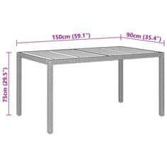 shumee Vrtna miza 150x90x75 cm akacijev les in poli ratan siva