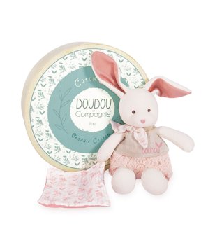 DouDou ET Compagnie Doudou Darilni set - plišasti zajček Ecru z roza odejo iz organskega bombaža 22 cm