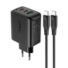 AceFast 2v1 Mrežni polnilnik 2x USB-C USB 65W + kabel USB-C črn