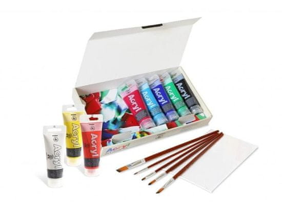 PRIMO Akrilne barve, komplet, 8 x 75ml, platno, 5 čopičev LUX