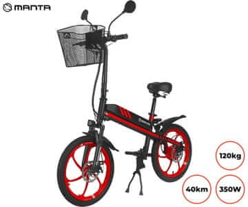 Manta MES2001L Flinstone električno kolo/skiro, 350 W, do 20km/h, vzmetenje, črno-rdeč - odprta embalaža