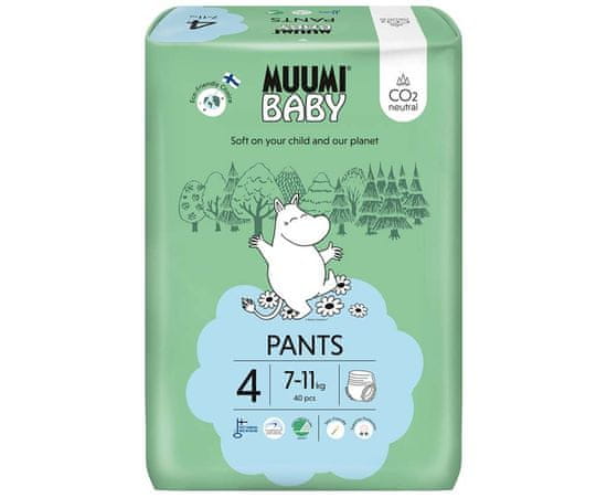MUUMI BABY MUUMI Otroške hlače 4 Maxi 7-11 kg (40 kosov), eko hlačne plenice