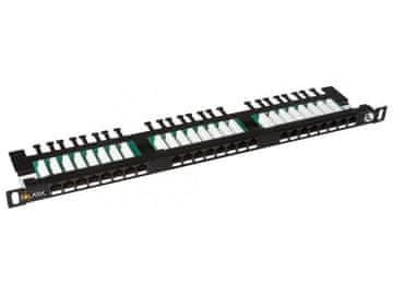 Solarix 19" Patch panel 24xRJ45 CAT5E UTP z veznim trakom črn 0,5U, SX24HD-5E-UTP-BK