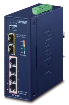 Planet IGS-624HPT Industrijsko stikalo 4x 1Gb RJ-45 + 2x 1Gb SFP, PoE+ 802.3at 36/120W, IP40, DC12-56V, -40/+75°C, brez ventilatorja