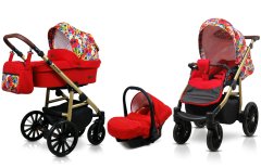 Babylux Aspero Red Tulips | 3v1 Kombinirani Voziček kompleti | Otroški voziček + Carrycot + Avtosedežem