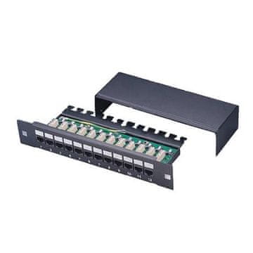 XtendLan Patch panel 10", 12 priključkov, 1U, Cat5e, zaščiten, LSA, s pokrovom, vodoravna namestitev priključkov, ozemljitev, črn