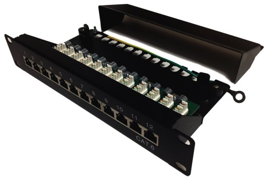 XtendLan Patch panel 10", 12 priključkov, 1U, Cat6, zaščiten, LSA, s pokrovom, vodoravna namestitev priključkov, ozemljitev, črn