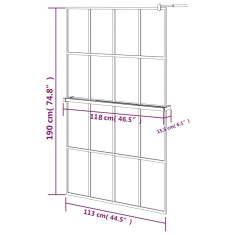 Vidaxl Pregrada za tuš s polico črna 118x190 cm ESG steklo in aluminij
