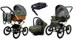 Babylux Classic Gold Olive Star | 4v1 Kombinirani Voziček kompleti | Otroški voziček + Carrycot + Avtosedežem + ISOFIX