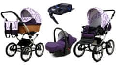 Babylux Classic Exclusive Lilac Flowers | 4v1 Kombinirani Voziček kompleti | Otroški voziček + Carrycot + Avtosedežem + ISOFIX