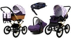 Babylux Classic Gold Lilac Flowers | 4v1 Kombinirani Voziček kompleti | Otroški voziček + Carrycot + Avtosedežem + ISOFIX