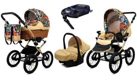 Babylux Classic Gold Jungle Flowers | 4v1 Kombinirani Voziček kompleti | Otroški voziček + Carrycot + Avtosedežem + ISOFIX