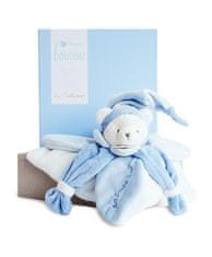 Doudou Darilni set - plišast medvedek z modro ropotuljico 24 cm