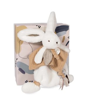 Doudou Darilni set - Plišasti zajec z ropotuljico 25 cm bež
