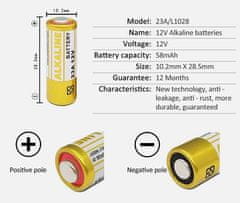 Kitajc Baterija 23A 12V - 1 kos - znana tudi kot: 8F10R 8LR23 8LR932 CA20 K23A L1028 23AE 21/23 A23 12V 23GA
