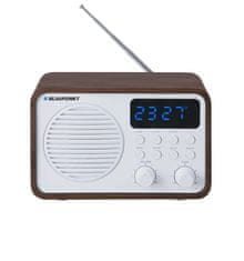 Blaupunkt Prenosni radio z Bluetooth in USB BLAUPUNKT PP7BT, rjava lesena/bele barve, FM z 60 postajami, alarmna ura, daljinski upravljalnik, idealen za notranjo in zunanjo uporabo.