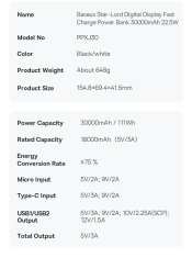 BASEUS Star-Lord polnilna baterija z digitalnim zaslonom, 20000mAh, 22,5W, črna + kabel USB-A/USB-C 30cm, črn (PPXJ060001)