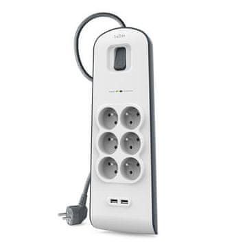 Belkin Belkinova prenapetostna zaščita BSV604 - 6 vtičnic, 2xUSB/2,4A, 2m