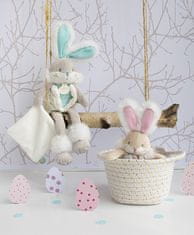 Doudou Igrača zajček z ropotuljico in držalom za dudo 21 cm