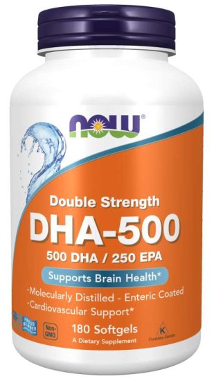 NOW Foods DHA-500, 500 DHA / 250 EPA, Omega 3, 180 mehkih kapsul