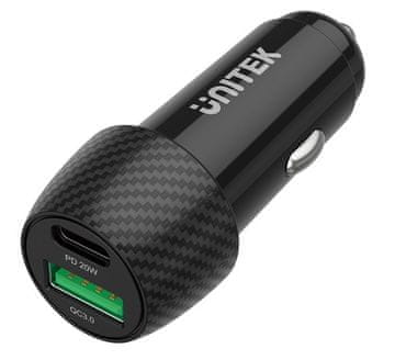 Unitek Unitek P1400A Avtomobilski polnilnik, 38W, USB-A, USB-C, QC 3.0, črn