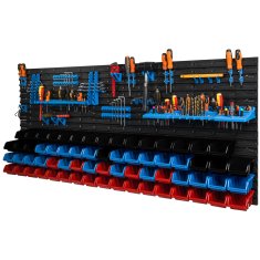 botle Stenska plošča za orodje 173 x 78 cm z 66 kos Škatla viseče Rdeča Modra Črna škatle plastika XL