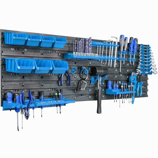 botle Stenska plošča za orodje 115 x 39 cm z 7 kos Škatla viseče Modra škatle s kompletom držal plastika