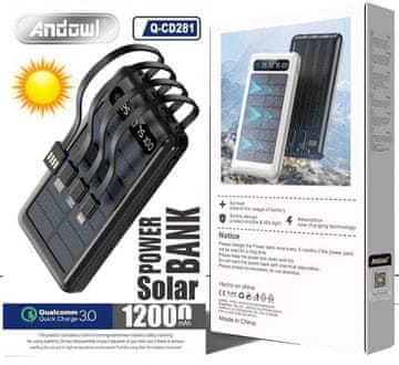 Andowl Solarna Polnilna Baterija - Solar Powerbank 12.000 mAh - BELA