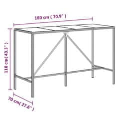 Vidaxl Barska miza s stekleno ploščo siva 180x70x110 cm poli ratan