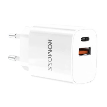 Romoss omrežni polnilnik ac20t, usb + usb-c, 20 W (bela)