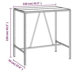 Vidaxl Barska miza s stekleno ploščo siva 110x70x110 cm poli ratan