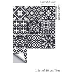 Netscroll Samolepilne stenske nalepke v imitaciji ploščic, vodoodporne nalepke za kihinjsko ali kopalniško dekoracijo, črni cvetlični vzorec, 10 kosov, 15x15 cm, TileDecor