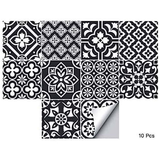 Netscroll Samolepilne stenske nalepke v imitaciji ploščic, vodoodporne nalepke za kihinjsko ali kopalniško dekoracijo, črni cvetlični vzorec, 10 kosov, 15x15 cm, TileDecor