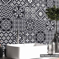 Netscroll Samolepilne stenske nalepke v imitaciji ploščic, vodoodporne nalepke za kihinjsko ali kopalniško dekoracijo, črni cvetlični vzorec, 10 kosov, 15x15 cm, TileDecor