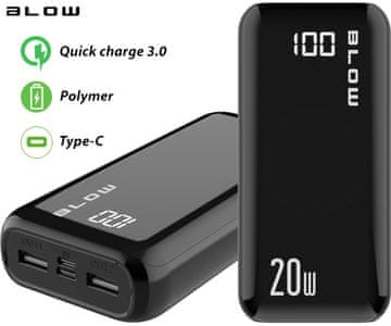 Blow PB30A Powerbank, 30000 mAh, Polymer, QC3.0, LED zaslon, Type-C