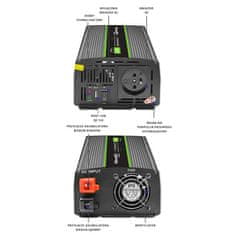 Qoltec Monolith pretvornik napetosti | 1000 W | 2000 W | 12 V do 230 V | Pure Sinus