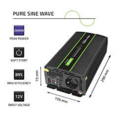 Qoltec Monolith pretvornik napetosti | 1000 W | 2000 W | 12 V do 230 V | Pure Sinus