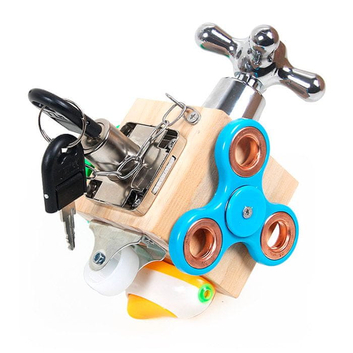 Netscroll Didaktična kocka, didaktična igrača 7 v 1, spodbuja področja otrokovega razvoja, spinner, ključavnica z 2 ključema, zapah, kolešček, stikalo, navoj in matica, BusyCube