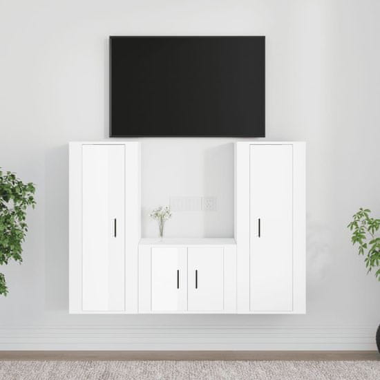Vidaxl Komplet TV omaric 3-delni visok sijaj bel inženirski les