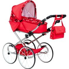 NEW BABY Otroški retro voziček za lutke 2v1 Elen rdeč s srčki