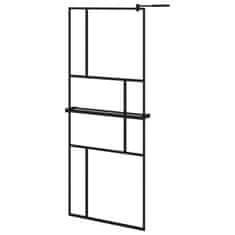 Vidaxl Pregrada za tuš s polico črna 80x195 cm ESG steklo in aluminij