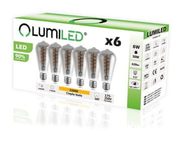 LUMILED 6x LED žarnica E27 SMOKY ST64 6W = 50W 420lm 2200K Toplo bela 360°