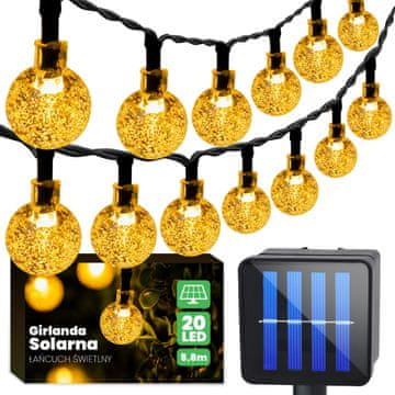 LUMILED Solarna vrtna svetilka LED svetlobna veriga 6,35m Girlanda GALLA s 30x LED okrasnimi kroglami 3000K Toplo bela