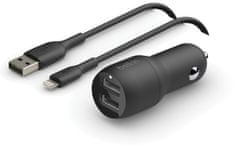 Belkin Dual USB-A avto polnilec, 24 W+ Lightning kabel (CCD001BT1MBK)