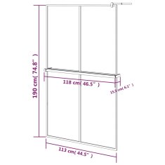 Vidaxl Pregrada za tuš s polico črna 118x190 cm ESG steklo in aluminij