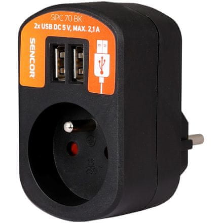 SENCOR USB vozlišče Sencor SPC 70 Zás. z 2xUSB, 5V/2100mA BK