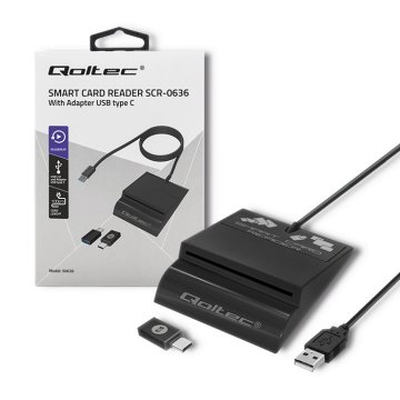 Qoltec Qoltec 50636 Inteligentni čitalec kartic z ID, USB Tip C, združljiv z Windows in Mac OS, črn