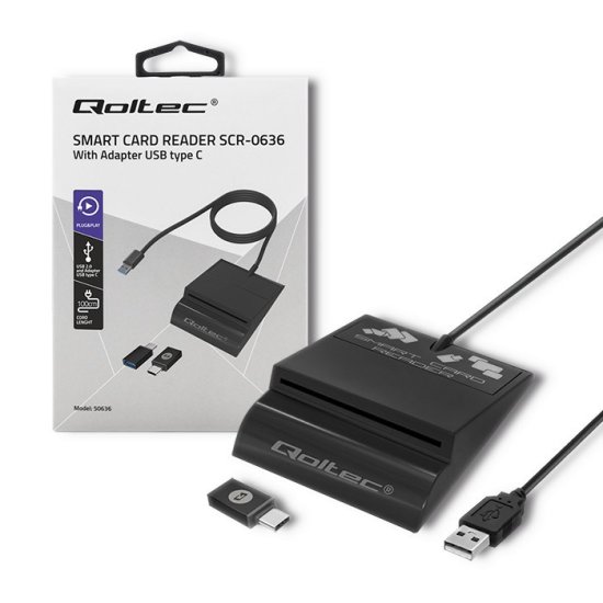 Qoltec Qoltec 50636 Inteligentni čitalec kartic z ID, USB Tip C, združljiv z Windows in Mac OS, črn
